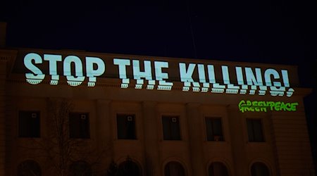 Zum Zweiten Jahrestag des Beginns des Ukraine-Krieges projiziert Greenpeace den Satz „Stop the killing!“ an die Fassade der russischen Botschaft in Berlin. / Foto: Annette Riedl/dpa