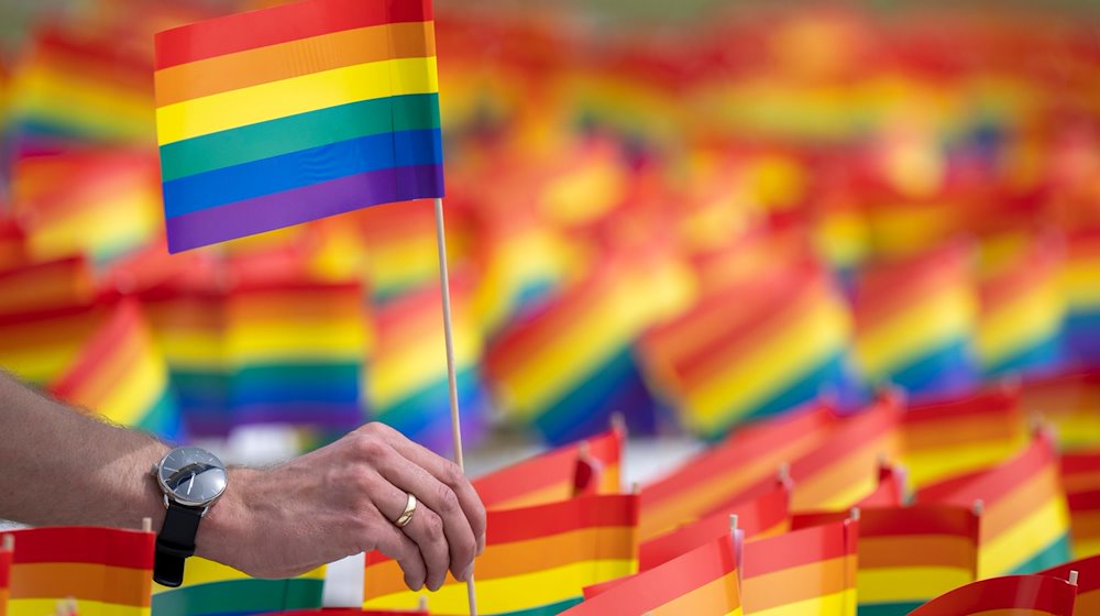 Ein Mann hält ein Regenbogenfähnchen in der Hand. / Foto: Monika Skolimowska/dpa/Symbolbild