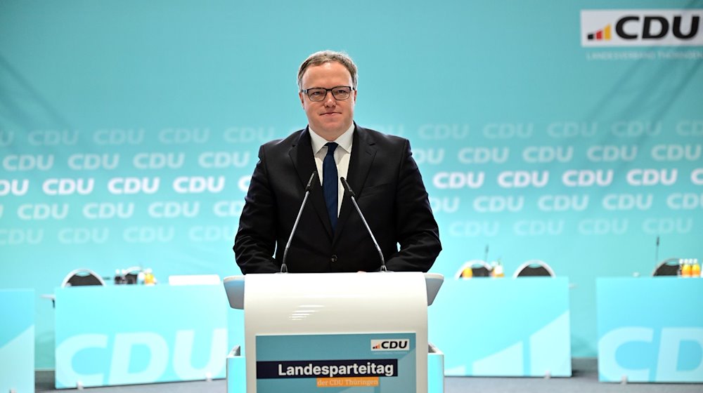 Mario Voigt, CDU-Landesvorsitzender, bei einem CDU-Parteitag in Mühlhausen. / Foto: Martin Schutt/dpa