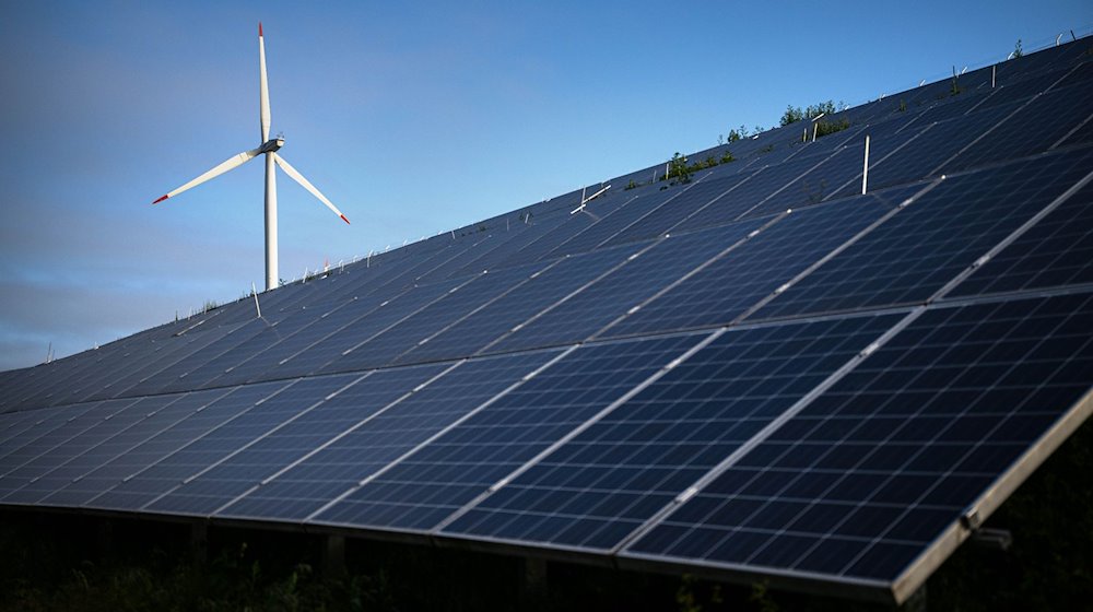 Windkraftanlagen stehen hinter Photovoltaikanlagen. / Foto: Sina Schuldt/dpa