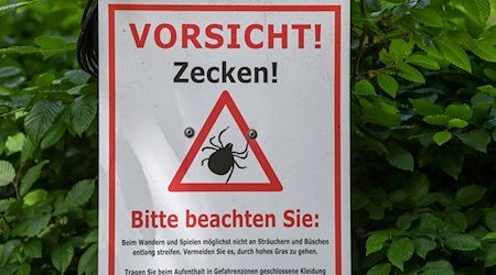 «Vorsicht! Zecken!» steht auf einem Warnschild im Biosphärenreservat Schorfheide-Chorin. / Foto: Jens Kalaene/dpa-Zentralbild/dpa