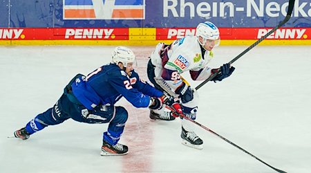 Mannheims Kris Bennett (l) und Berlins Frederik Tiffels kämpfen um den Puck. / Foto: Uwe Anspach/dpa