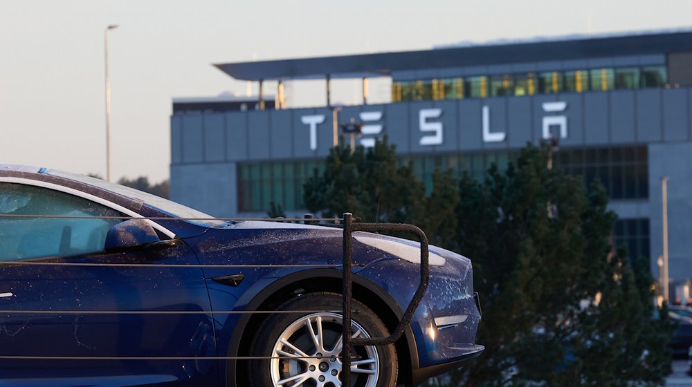 Ein Tesla-PKW steht am frühen Morgen vor der Tesla-Autofabrik auf einem Transporter. / Foto: Joerg Carstensen/dpa