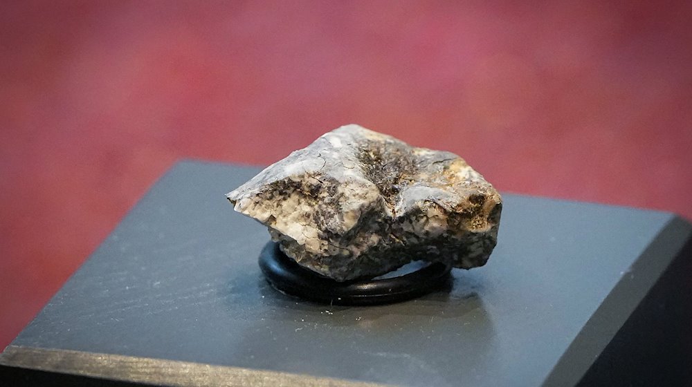 Eines der nahe dem brandenburgischen Ribbeck gefundenen Bruchstücke eines Meteoriten liegt im Mineraliensaal. / Foto: Soeren Stache/dpa