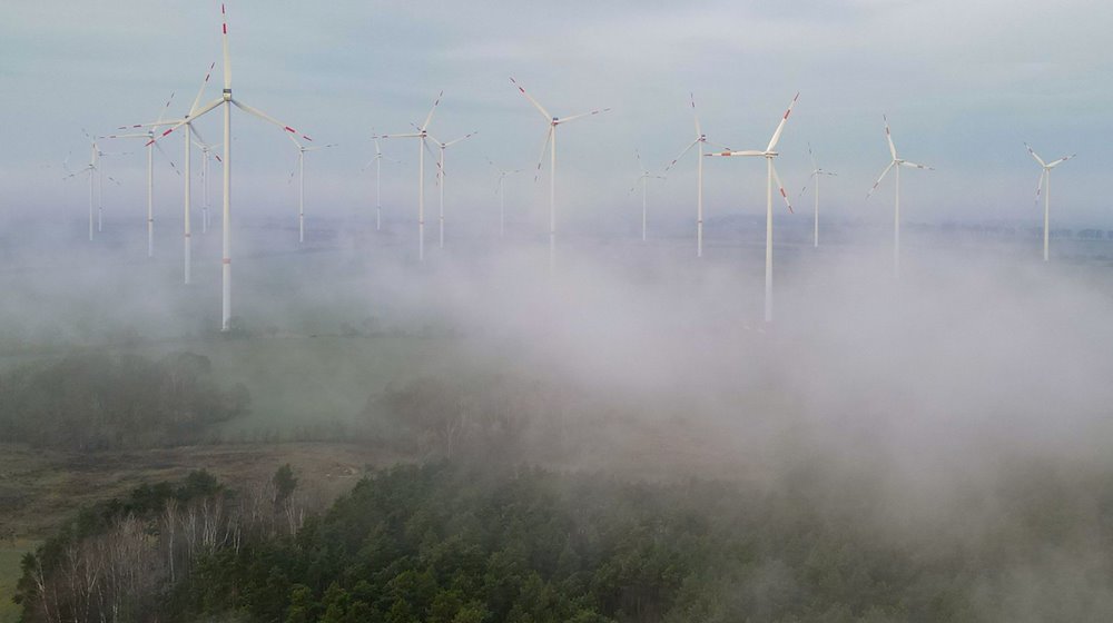 Nebel zieht über die Landschaft mit einem Windenergiepark im Landkreis Oder-Spree in Ostbrandenburg. / Foto: Patrick Pleul/dpa