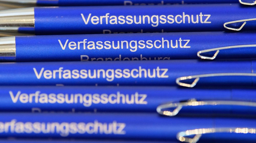 Blaue Kugelschreiber mit dem Aufdruck "Verfassungsschutz" liegen auf einem Tisch. / Foto: Soeren Stache/dpa/Symbolbild