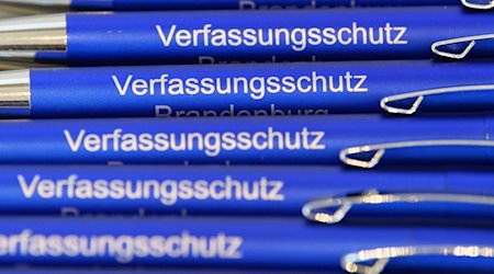 Blaue Kugelschreiber mit dem Aufdruck "Verfassungsschutz" liegen auf einem Tisch. / Foto: Soeren Stache/dpa/Symbolbild