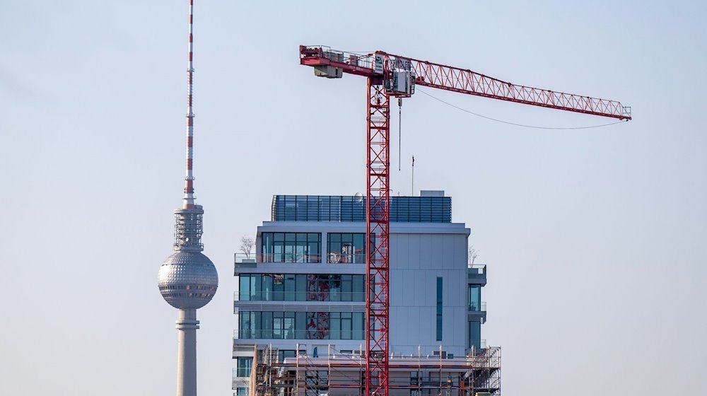 Ein Baukran arbeitet an einer Hochhaus-Baustelle vor der Kulisse des Berliner Fernsehturms. / Foto: Monika Skolimowska/dpa-Zentralbild/dpa/Archivbild