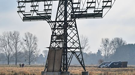 Ein Strommast steht mit Brandspuren auf einem Feld nahe der Tesla-Autofabrik. / Foto: Patrick Pleul/dpa/Archivbild