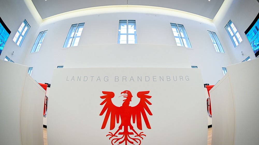 Das Logo am Rednerpult im Plenarsaal des Brandenburger Landtages vor Beginn der 101. Sitzung. / Foto: Soeren Stache/dpa/Archivbild