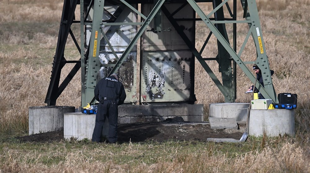 Polizei ermittelt an einem beschädigten Strommasten auf einem Feld. / Foto: Sebastian Gollnow/dpa