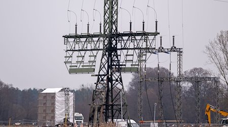 Ein Strommast mit Brandspuren steht auf einem Feld nahe der Tesla-Autofabrik. Am Dienstag hatten bisher unbekannte Täter auf einem Feld Feuer an dem frei zugänglichen Strommast gelegt, der auch für die Versorgung der Autofabrik zuständig ist. / Foto: Christophe Gateau/dpa