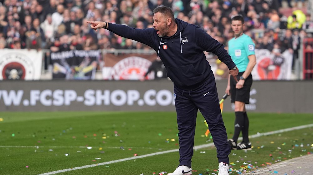 Herthas Trainer Pal Dardai gestikuliert am Spielfeldrand. / Foto: Marcus Brandt/dpa/Archivbild