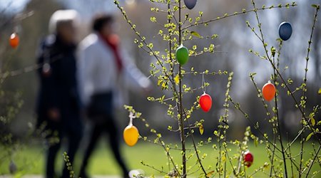 Zwei Menschen laufen an aufgehängten Ostereiern vorbei im Britzer Garten. / Foto: Hannes P. Albert/dpa