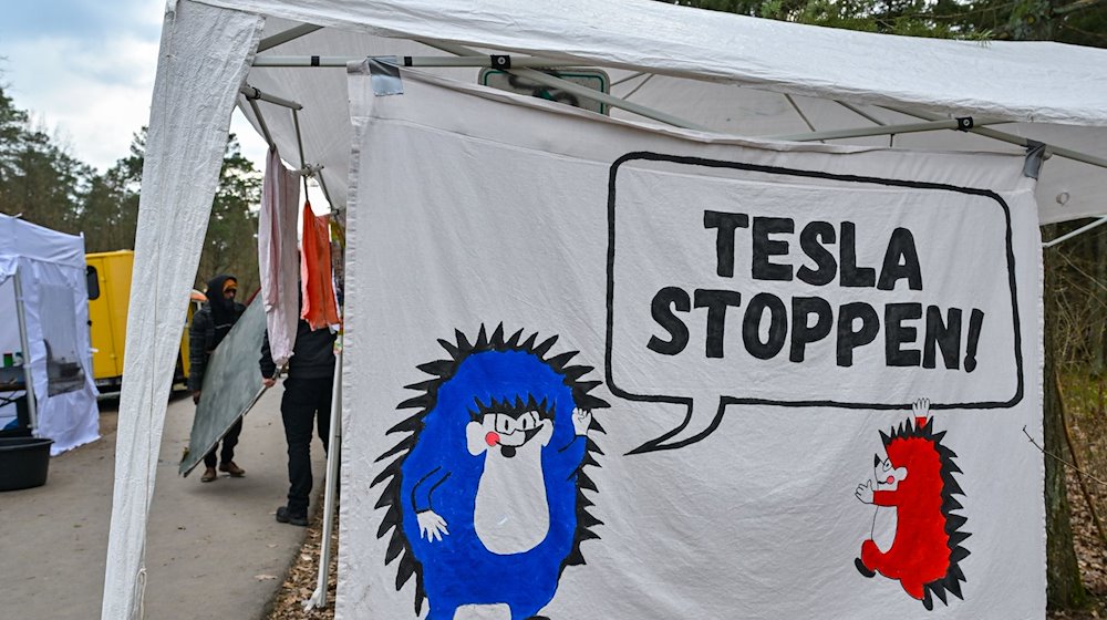 Ein Transparent mit der Aufschrift «Tesla stoppen» hängt im Camp von Aktivisten der Initiative «Tesla stoppen» nahe der Tesla-Gigafactory Berlin-Brandenburg. / Foto: Patrick Pleul/dpa