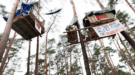 Zwei Baumhäuser mit der Aufschrift «Wir sind nicht alle es fehlen die Behinderten» hängen in einem Camp der Initiative «Tesla stoppen». / Foto: Carsten Koall/dpa