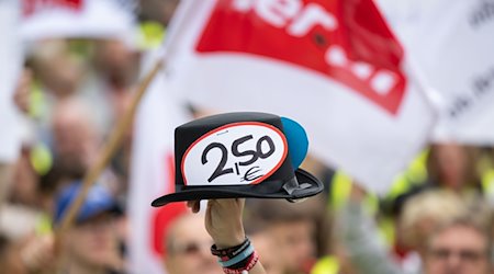 Ein Hut mit Sticker "2,50€" wird während der Kundgebung hochgehalten. Die Gewerkschaft Verdi verhandelt über einen neuen Tarifvertrag für die Beschäftigten im Handel. / Foto: Hannes P Albert/dpa