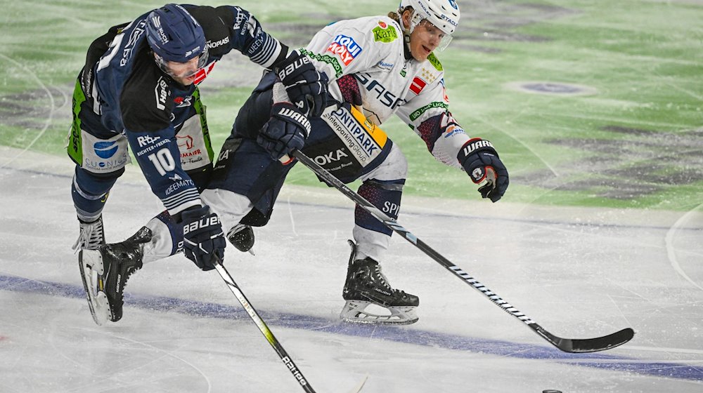 Michael Clarke von den Straubing Tigers (l) und Frederik Tiffels von den Eisbären Berlin kämpfen um den Puck. / Foto: Armin Weigel/dpa