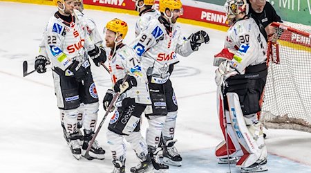 Spieler der Pinguins Bremerhaven klatschen sich nach der Niederlage enttäuscht ab. / Foto: Andreas Gora/dpa