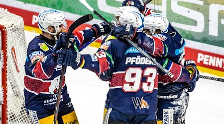 Spieler der Eisbären Berlin jubeln nach einem Tor. / Foto: Andreas Gora/dpa