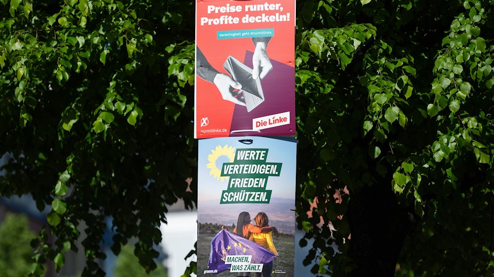 An einer Straßenlaterne hängen Wahlplakate für die Europawahl am 9. Juni. / Foto: Christophe Gateau/dpa