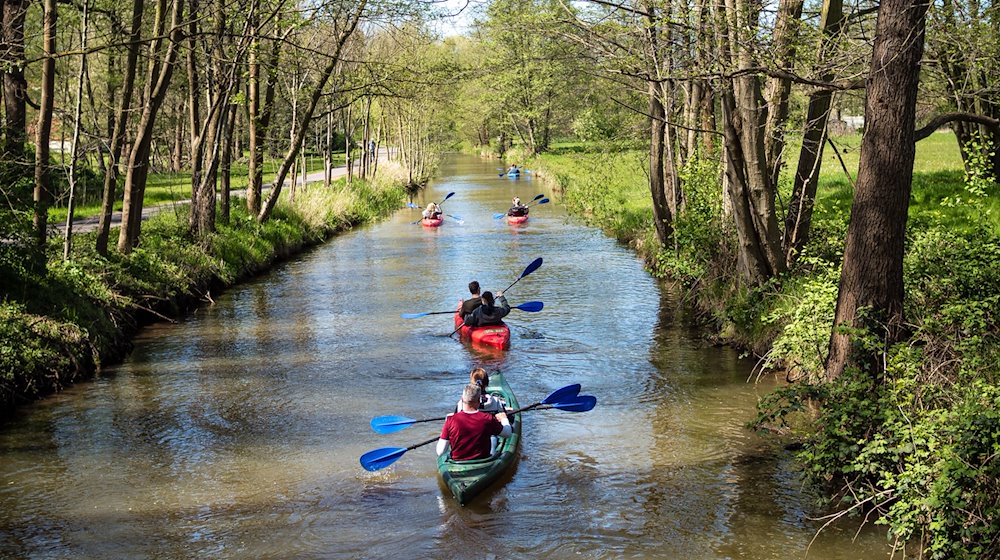 Paddler sind bei sonnigem Ausflugswetter auf einem Fließ im Spreewaldort Burg unterwegs. / Foto: Frank Hammerschmidt/dpa