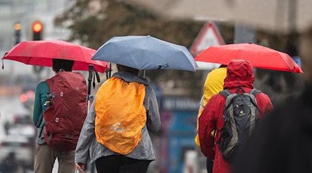 Menschen schützen sich bei Regen mit ihren Schirmen. / Foto: Peter Kneffel/dpa/Symbolbild