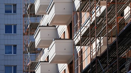 Das Baugerüst an einem Wohnhaus am Franz-Mehring-Platz ist teilweise abgebaut. / Foto: Soeren Stache/dpa