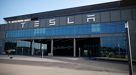 Die Morgensonne scheint auf den Eingang zum Tesla-Werk. / Foto: Carsten Koall/dpa