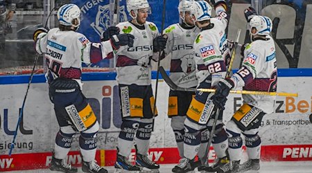 Die Mannschaft der Eisbären Berlin jubelt nach dem Treffer zum 1:1 gegen die Straubing Tigers. / Foto: Armin Weigel/dpa