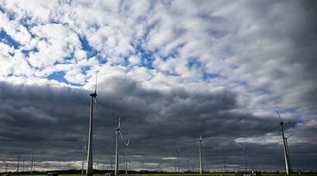 Windräder werden bei wolkigem Himmel kurzzeitig von der tiefstehenden Sonne beleuchtet. / Foto: Jens Kalaene/dpa/Archivbild