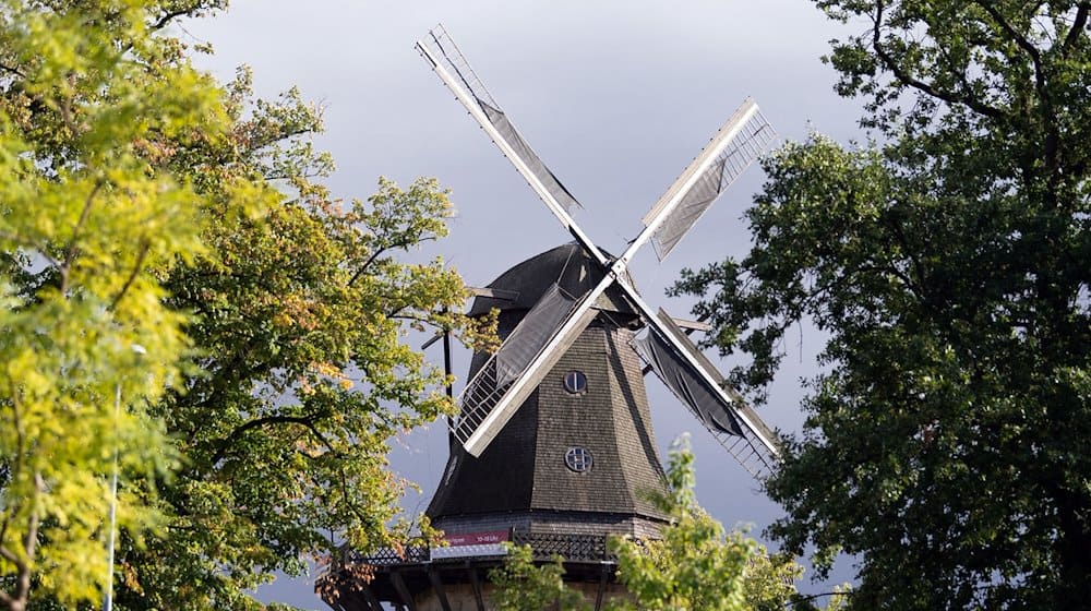 Dunkle Regenwolken hinter der Historischen Mühle im Park Sanssouci. / Foto: Soeren Stache/dpa-Zentralbild/dpa