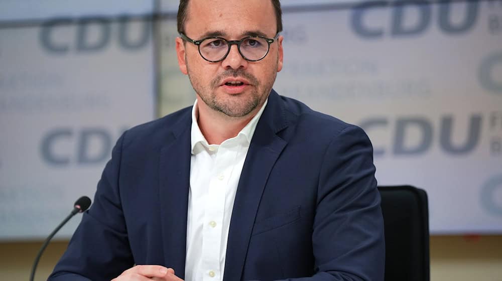 Jan Redmann, Brandenburger CDU-Fraktionsvorsitzender, spricht während einer Pressekonferenz im Brandenburger Landtag. / Foto: Soeren Stache/dpa/Archivbild