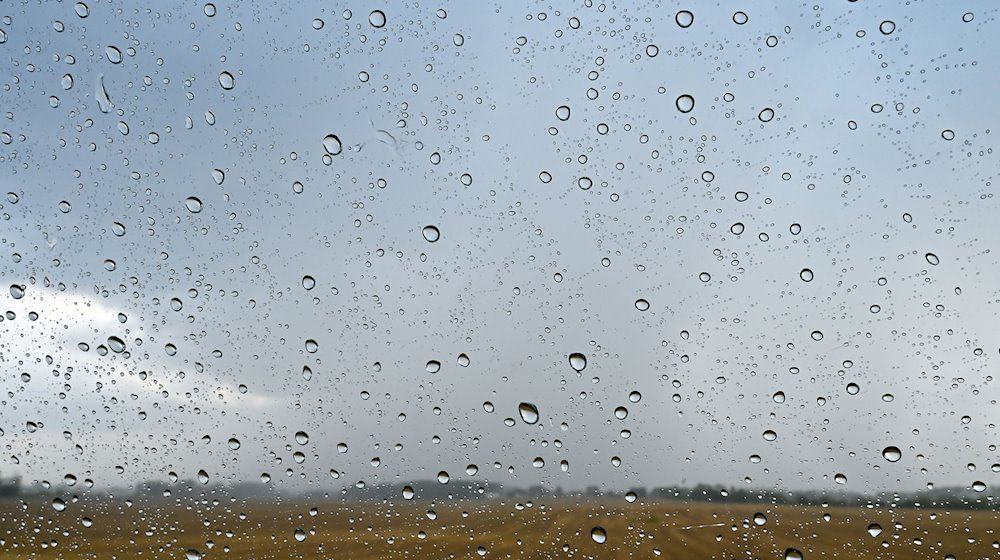 Regentropfen sind an einer Autoscheibe vor der Landschaft im Osten von Brandenburg zu sehen. / Foto: Patrick Pleul/dpa