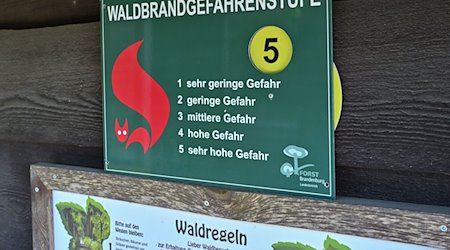 Ein Schild vom Landesbetrieb Forst Brandenburg steht auf der höchsten Stufe 5 «sehr hohe Gefahr». / Foto: Patrick Pleul/dpa