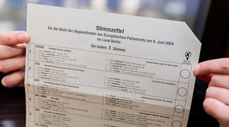 Ein Stimmzettel für die Europawahl 2024 des Landes Berlin wird bei der Vorstellung der Wahllisten und -benachrichtigungen sowie der Briefwahlkampagne zur Europawahl 2024 im Europäischen Haus gezeigt. / Foto: Christoph Soeder/dpa