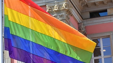 Die Regenbogenfahne weht vor dem Landtagsgebäude im Wind. / Foto: Bernd Settnik/dpa-Zentralbild/dpa