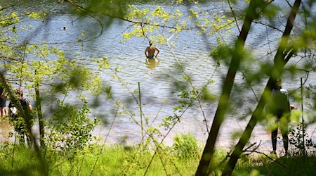 Ein Mann badet am 1. Mai im Grunewaldsee. / Foto: Paul Zinken/dpa