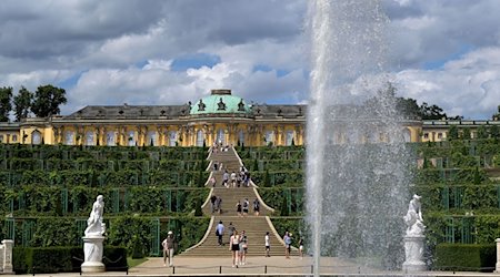 Eine Fontäne sprüht Wasser in die Luft im Park vor Schloss Sanssouci. / Foto: Michael Bahlo/dpa