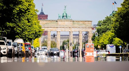 Die Straße des 17. Juni spiegelt von der Hitze vor dem Brandenburger Tor. / Foto: Christoph Soeder/dpa