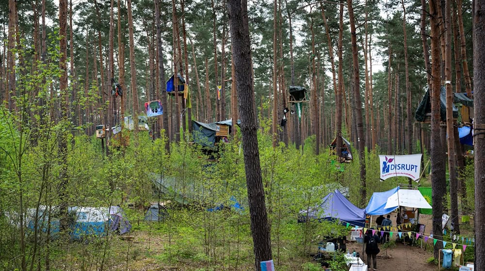 Aktivisten der Initiative «Tesla stoppen» haben in einem Wald bei Fangschleuse nahe dem Werk der Tesla-Gigafactory Berlin-Brandenburg Baumhäuser gebaut. / Foto: Soeren Stache/dpa