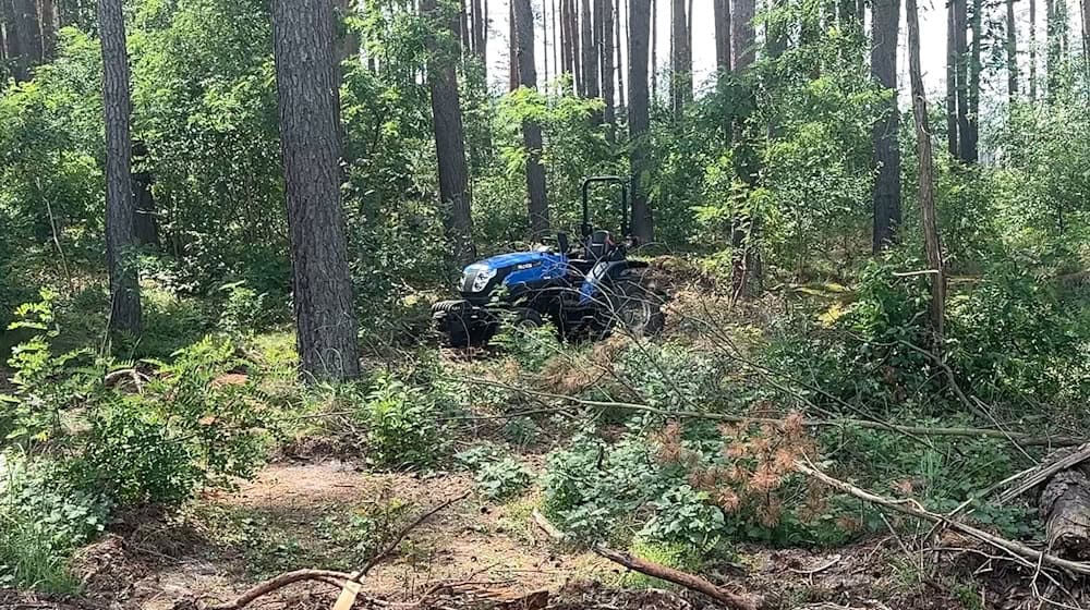 Ein kleiner Traktor steht in einem Kiefernwald in der Nähe des Tesla Werkes. / Foto: Lutz Deckwerth/dpa