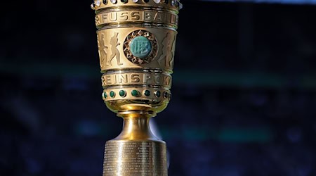 Der Pokal steht im Stadion. / Foto: Jan Woitas/dpa