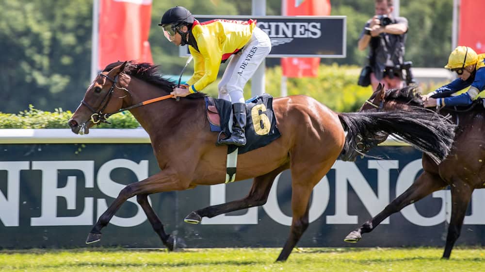 Jockey Adrie de Vries siegt auf Daring Light vom Gestüt Auenquelle beim Preis von Birkenstein Stutenrennen. / Foto: Andreas Gora/dpa/Archivbild