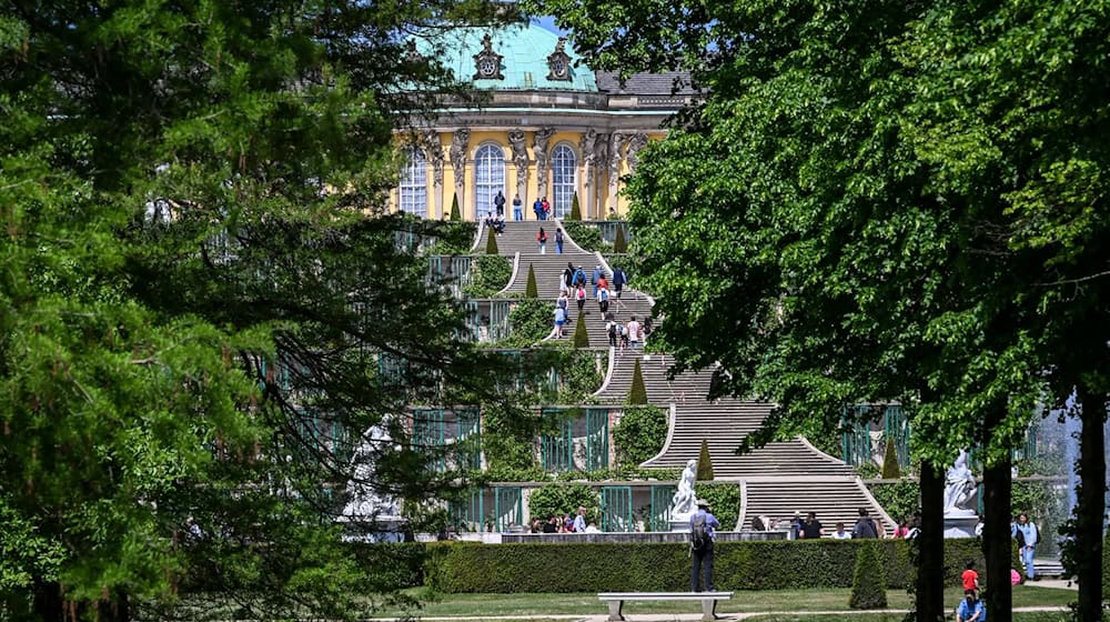 Zahlreiche Menschen sind bei Sonnenschein im Park Sanssouci auf den Weinbergterrassen vor dem Schloß unterwegs. / Foto: Jens Kalaene/dpa