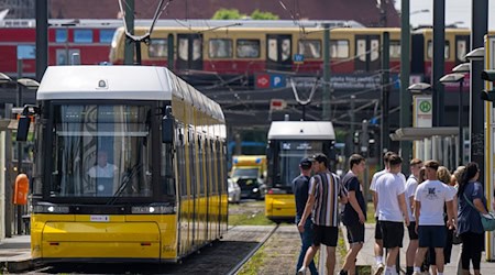 Eine Straßenbahn der BVG steht an einer Haltestelle am Alexanderplatz, während im Hintergrund eine S-Bahn und eine Regionalbahn vorbeifahren. / Foto: Monika Skolimowska/dpa