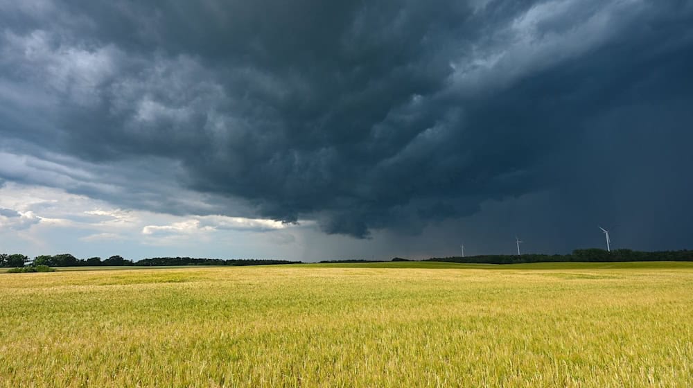 Eine Gewitterzelle mit dunklen Wolken zieht über die Landschaft im Landkreis Märkisch-Oderland. / Foto: Patrick Pleul/dpa/Symbolbild