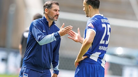 Hertha-Trainer Fiél und Torjäger Tabakovic stehen vor dem Spiel beim HSV unter Druck. / Foto: Andreas Gora/dpa