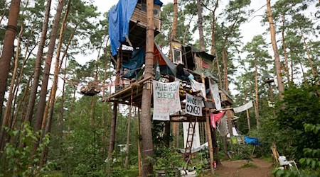 Das Protestcamp am Tesla-Werk existiert mittlerweile seit einem halben Jahr. / Foto: Sebastian Gollnow/dpa