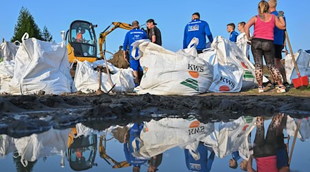 Sandsäcke werden an der Oder für den Hochwasserschutz gefüllt / Foto: Patrick Pleul/dpa